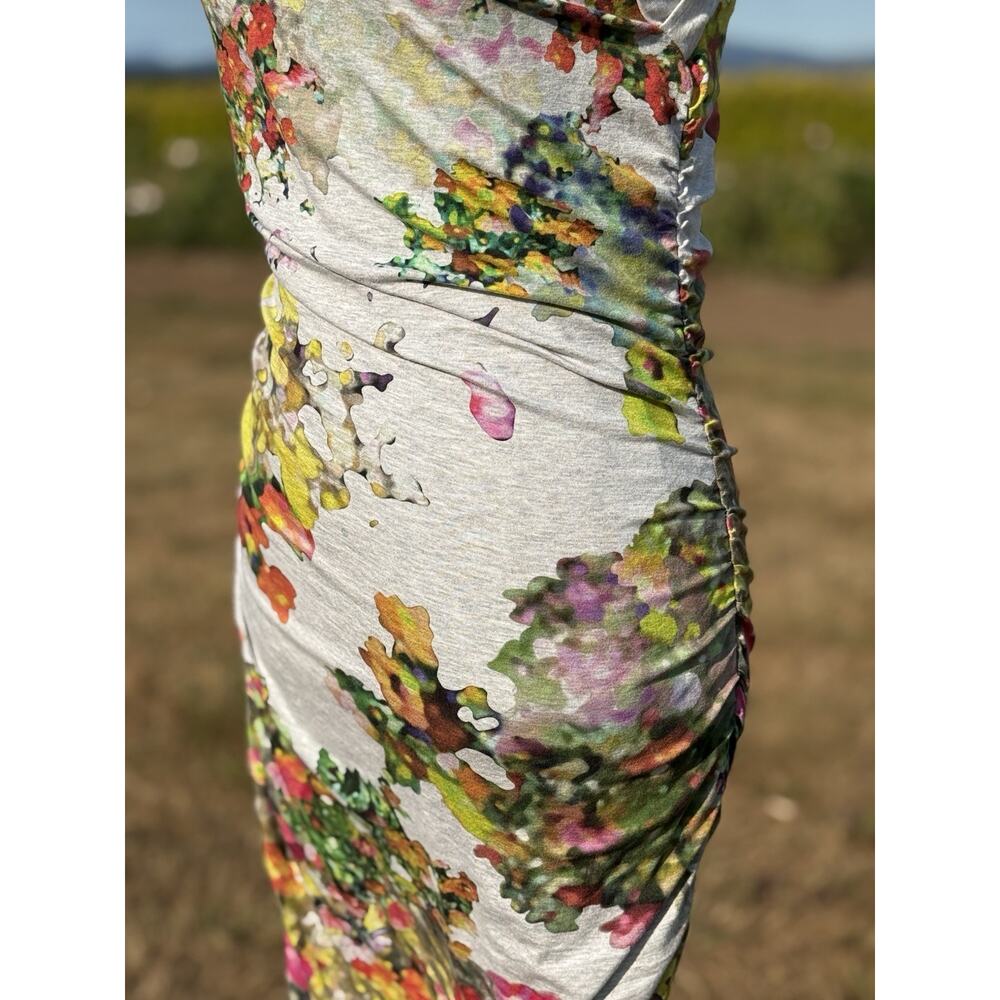 Weston S Watercolor Floral Ruched Midi Dress Bodycon Stretch Made USA Artsy - Picture 5 of 16